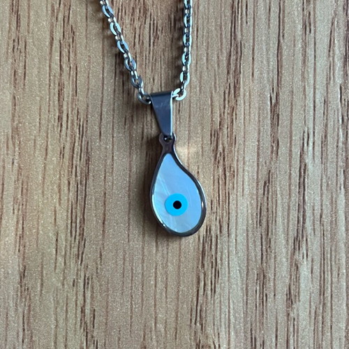 Silver necklace with blue evil eye teardrop pendant like new