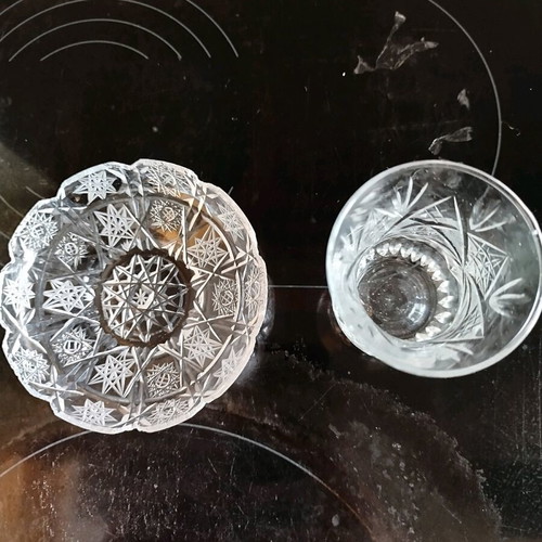 Crystal liqueur glasses and dessert plates set of 12 like new