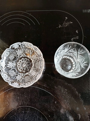 Crystal liqueur glasses and dessert plates set of 12 like new
