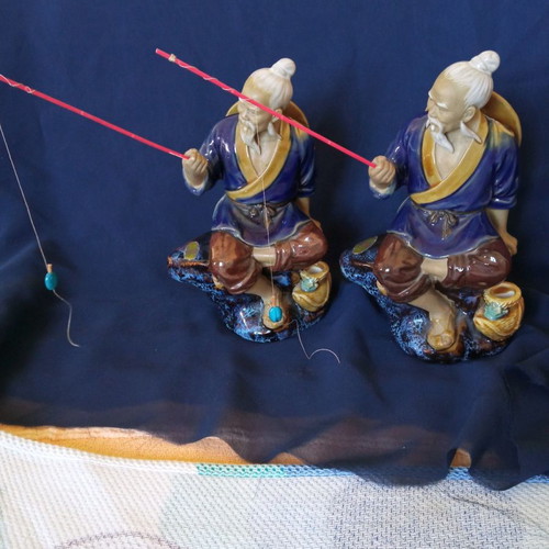 Decorative porcelain figurines used, two Chinese fishermen