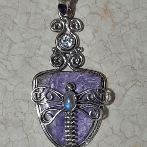 Dragonfly pendant 925 with purpurite, amethyst, blue topaz and moonstone new
