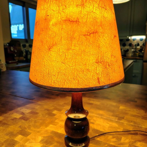 Wooden lamp with warm-colored shade like new