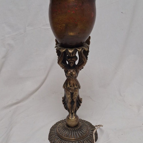 Art Nouveau table lamp with winged female figure and artistic glass shade