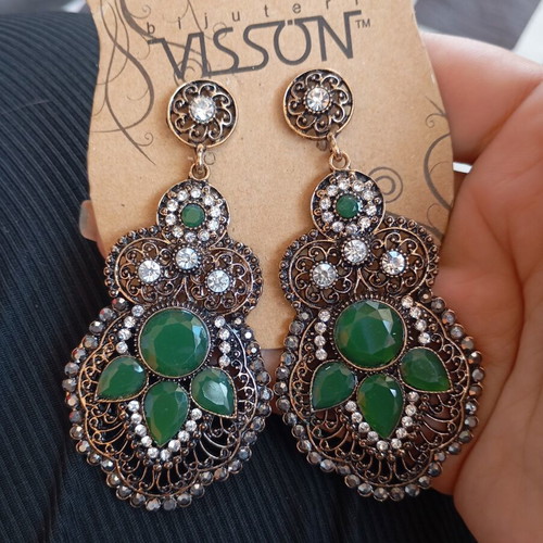 Vintage Statement Earrings Visson New, Bronze and Green Stones