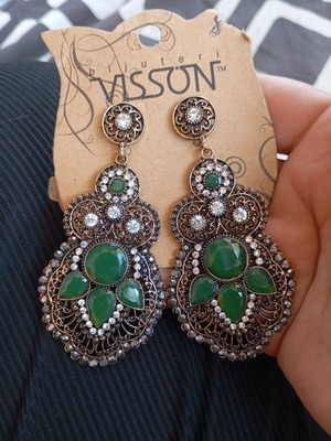 Vintage Statement Earrings Visson New, Bronze and Green Stones