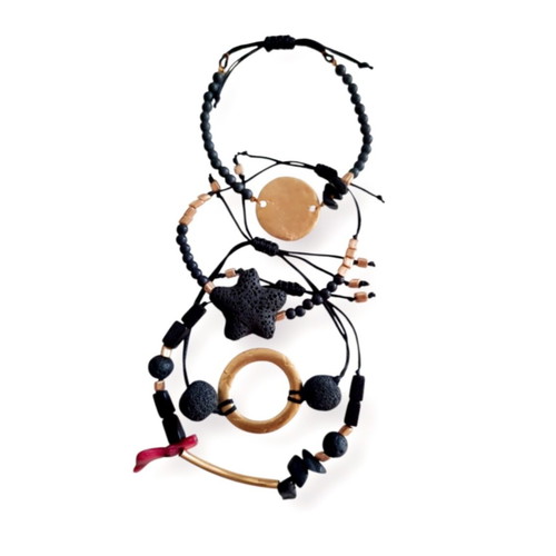 Set of 4 bracelets 18K gold plated with lava and coral