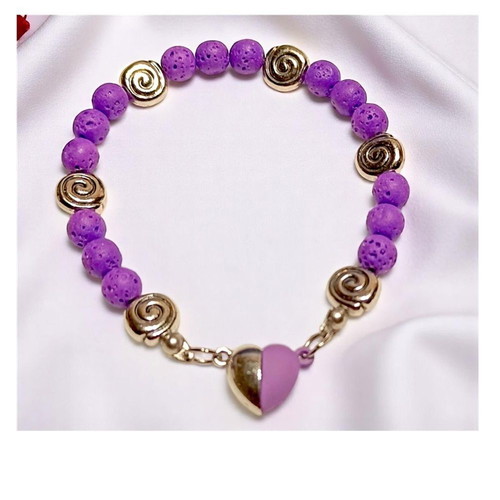 Handmade bracelet with purple lava semi-precious stone and magnetic heart clasp new