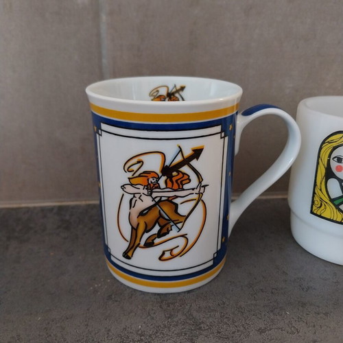 Sagittarius and Virgo mugs set used, porcelain and Anchor Hocking 1970s