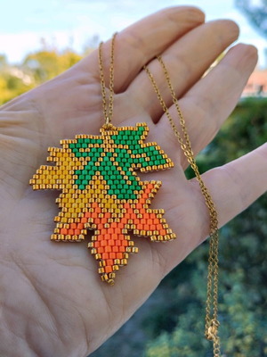 Miyuki steel leaf necklace made to order, green and orange