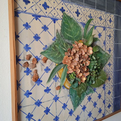 3D painting on canvas with acrylics and embossed pinecone flowers, 50x50 cm