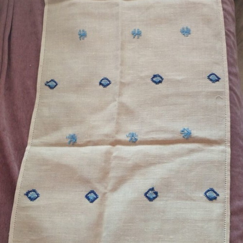 Vintage Handmade Table Linen Set 7 Pieces Linen with Blue Cross Stitch