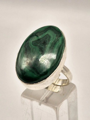 Malachite Adjustable Ring, Silver Plated Green Cabochon