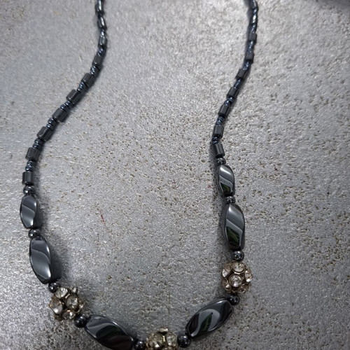 Hematite Necklace like new with Shiny Rhinestone Balls