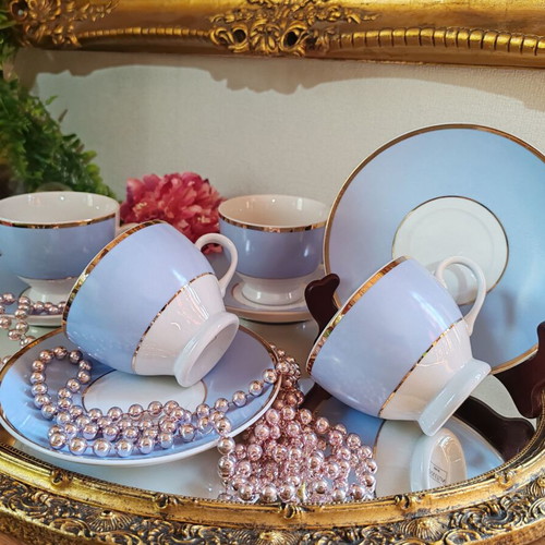 Doulton Bruce Oldfield 2004 porcelain tea cup set with gold trim, 4 pcs