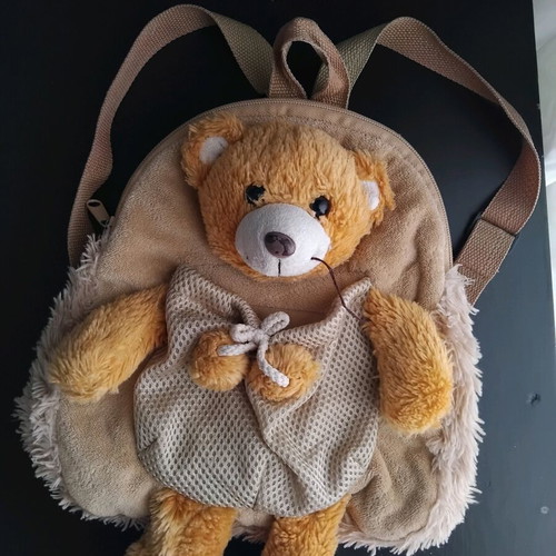 Children's backpack with teddy bear like new, beige and brown