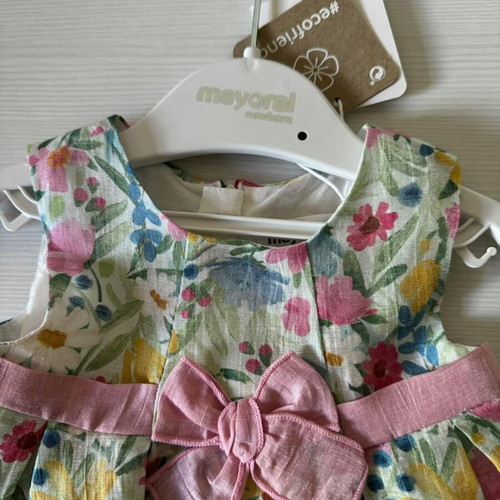 Mayoral baby linen dress with flower pattern, new, size 2-4 months