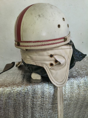 Vintage 1950s motorcycle helmet similar to Thanasis Veggos films