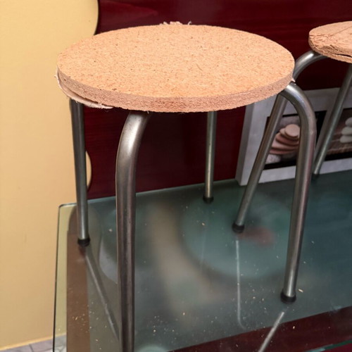 Set of 2 stools used, wooden seat surface and metal legs