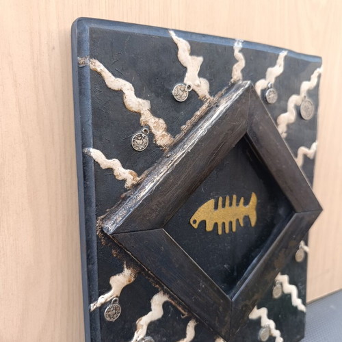 Modern art piece used, handmade small wooden painting 24x19
