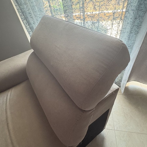 Recliner sofa Praktiker with storage and headrest mechanism, beige-gray