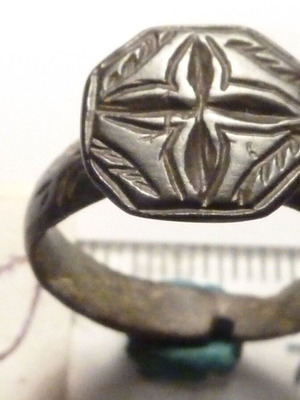 Old Revival Bronze Ring with Cross used with Dark Green Patina