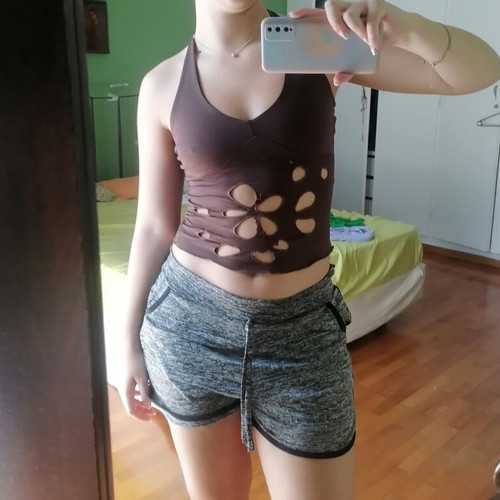 Halter top with flower cutout design, brown, size S