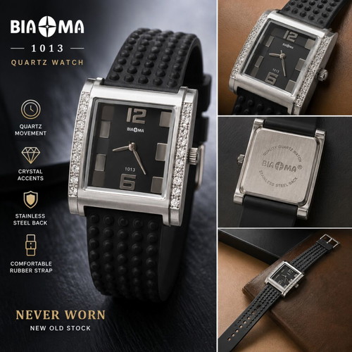 BIAOMA 1013 quartz watch with black dial and crystal accents