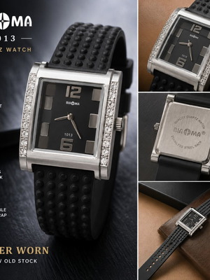BIAOMA 1013 quartz watch with black dial and crystal accents
