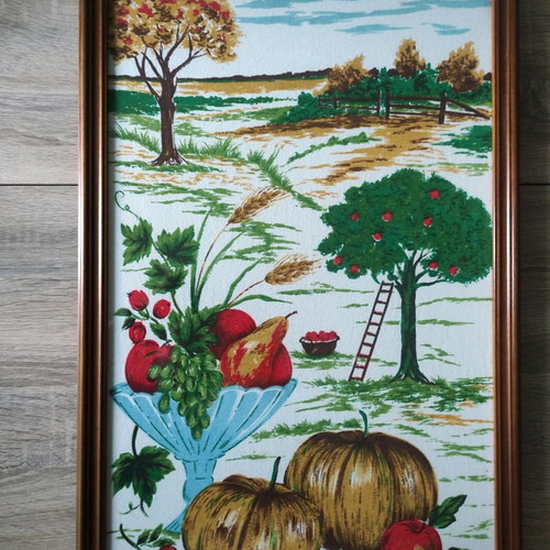 Countryside framed art used with fruit bowl on cotton fabric and wooden frame