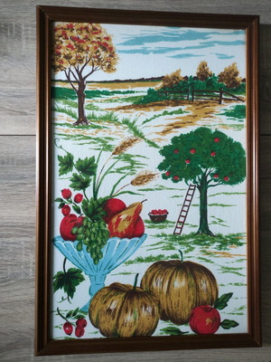 Countryside framed art used with fruit bowl on cotton fabric and wooden frame