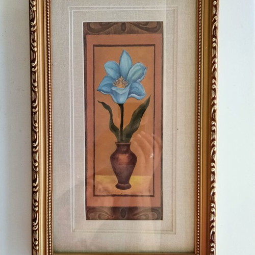 Vintage decorative frame with blue flower in vase, like new