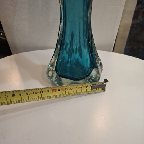 Teal Bubble Sommerso Seguso Murano glass vase used, 1970s Italy