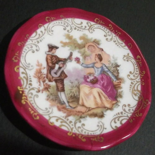 Limoges vintage miniature porcelain decorative plate used, Victorian couple theme