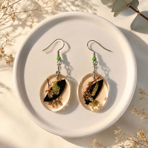 Handmade Resin Earrings Dark Forest with Dried Flowers in Oval Glass