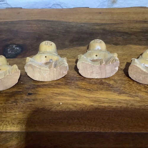 Set of 4 handmade wooden laughing Buddhas used