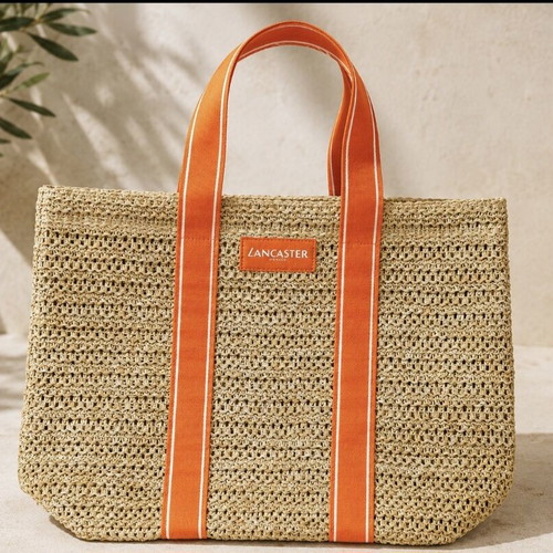Lancaster straw shoulder bag new, beige with coral details
