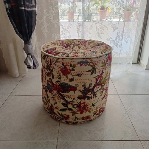 Vintage Boho Fabric Pouf Stool floral with birds like new