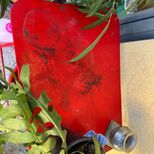 Iron folding café table used, red needs painting