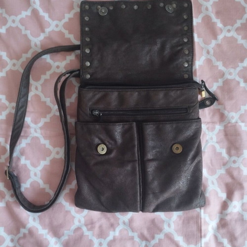 Brown suede crossbody bag used with multiple pockets