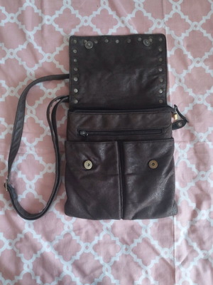 Brown suede crossbody bag used with multiple pockets