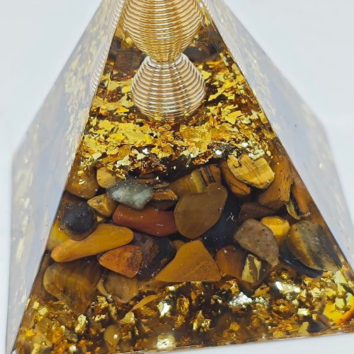 Orgonite pyramid with Tiger's Eye and gold leaves like new