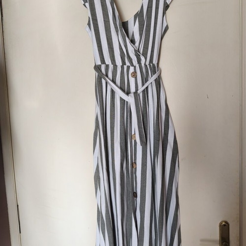 Midi striped dress with wrap neckline, like new, white and gray