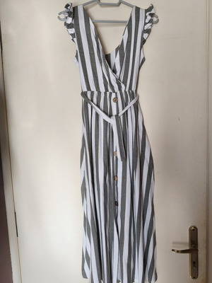 Midi striped dress with wrap neckline, like new, white and gray
