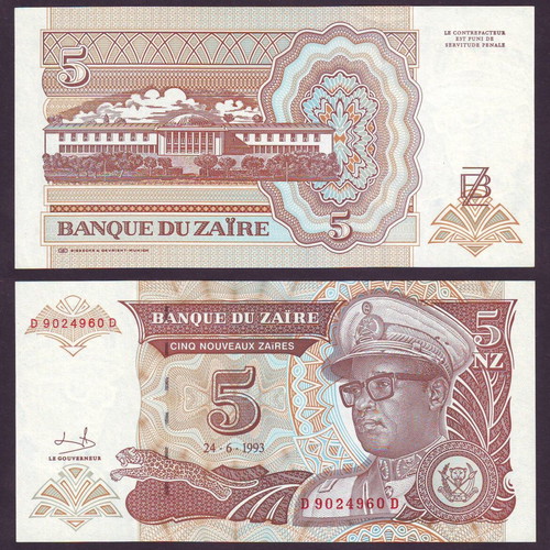Zaïre 5 Nouveaux Zaires banknote new, 24-6-1993 UNC