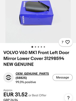Volvo V60 MK1 front left door mirror lower cover new genuine