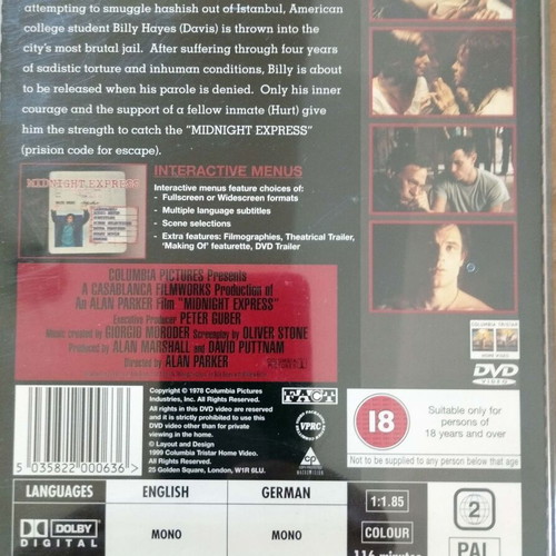 Midnight Express 20th Anniversary Edition DVD like new with Greek subtitles