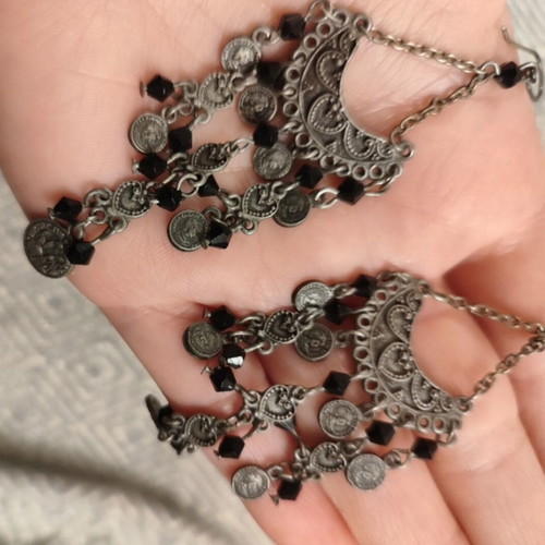 Boho earrings like new with black beads and coins, 9 cm