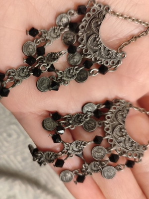 Boho earrings like new with black beads and coins, 9 cm