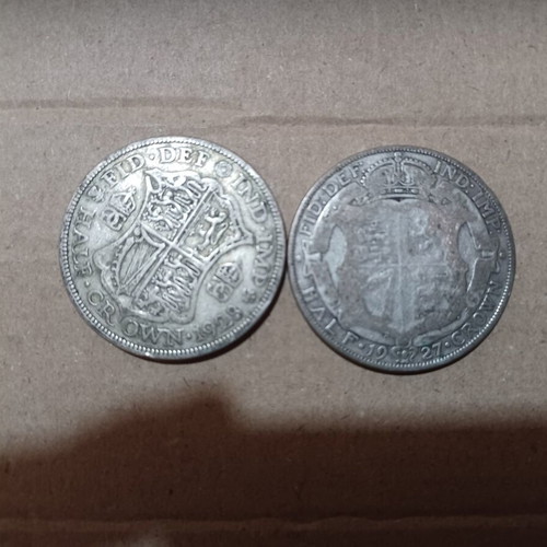 British Crown coins 1927 & 1928 used, 50% silver set of 2