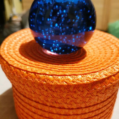 Vintage paperweight used, deep blue with bubbles